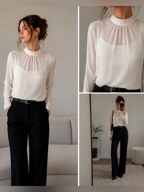 Aritzia Babaton 100% Silk Blouse XS Cream Mock Neck Keyhole Top